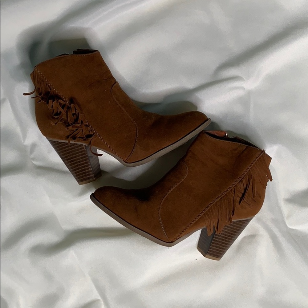 Brown Fringe Heeled Booties